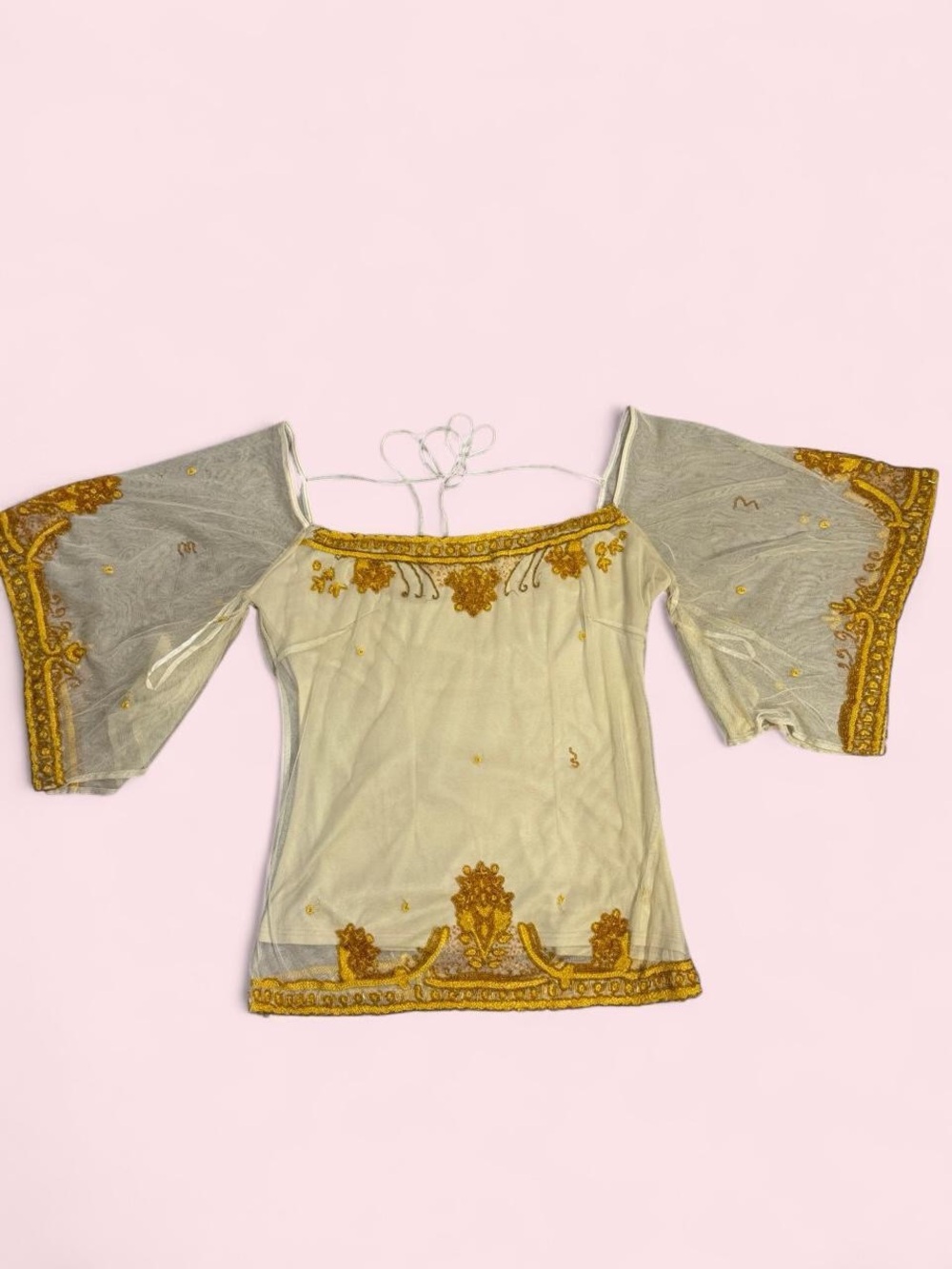 Vintage Rose Gold Beaded Mesh Bell Sleeve Top